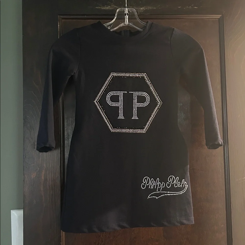 Philipp Plein Girls Rhinestone‎ Logo Dress Black Size 6 Designer EUC
